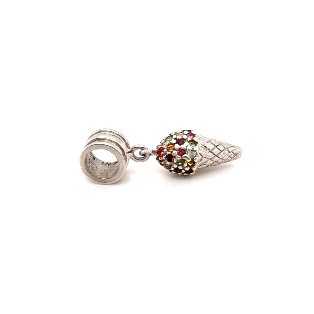 Sterling Silver Ice Cream Cone Dangle Charm Multi Color CZ 925 Pendant